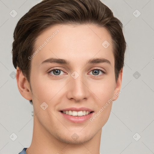 Joyful white young-adult female with short  brown hair and grey eyes