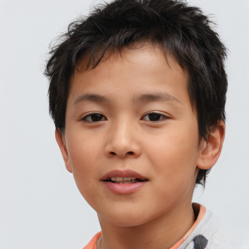 Joyful asian child male with short  brown hair and brown eyes