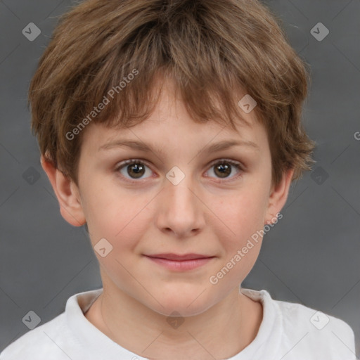 Joyful white child female with short  brown hair and brown eyes