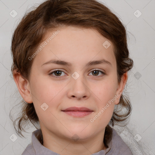 Joyful white child female with medium  brown hair and brown eyes