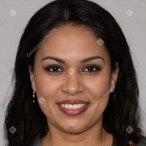 Joyful latino young-adult female with long  brown hair and brown eyes