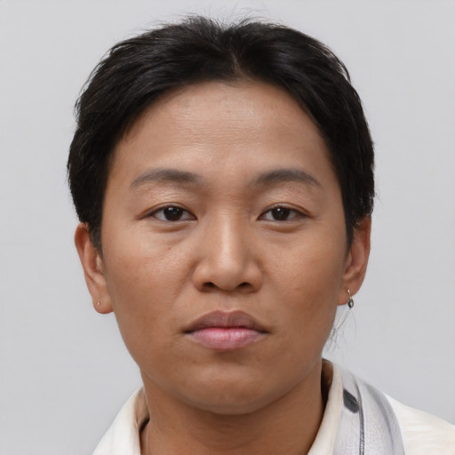 Neutral asian young-adult female with short  brown hair and brown eyes