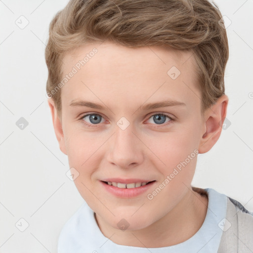 Joyful white child male with short  brown hair and grey eyes