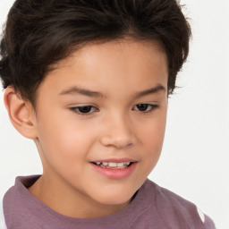 Joyful white child female with short  brown hair and brown eyes