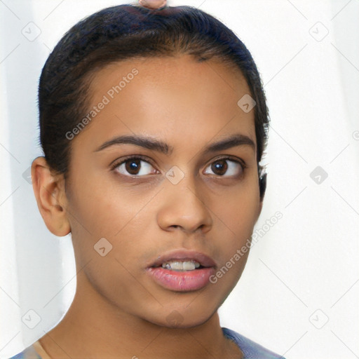 Neutral latino young-adult female with short  brown hair and brown eyes