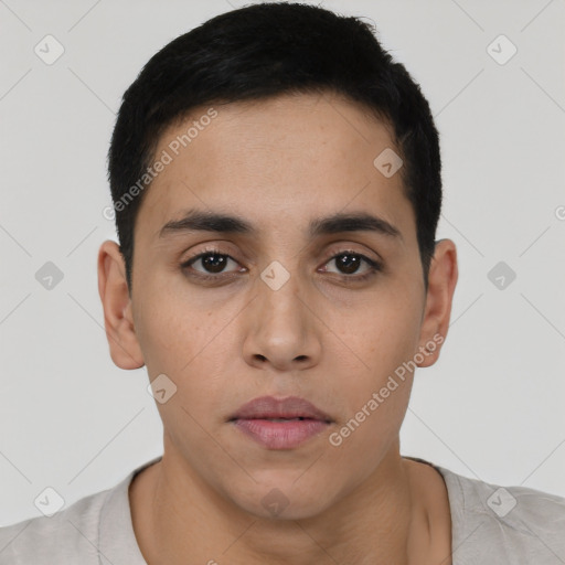 Neutral asian young-adult male with short  black hair and brown eyes