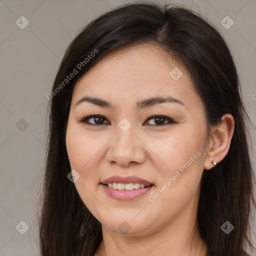 Joyful white young-adult female with long  brown hair and brown eyes