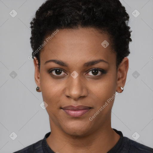 Joyful black young-adult female with short  black hair and brown eyes