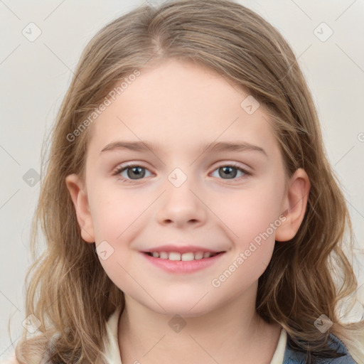 Joyful white child female with medium  brown hair and grey eyes