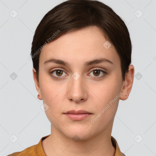 Neutral white young-adult female with short  brown hair and brown eyes