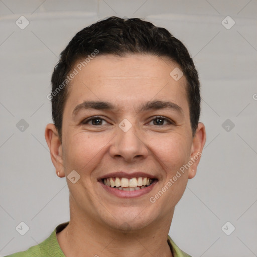 Joyful white young-adult male with short  brown hair and brown eyes