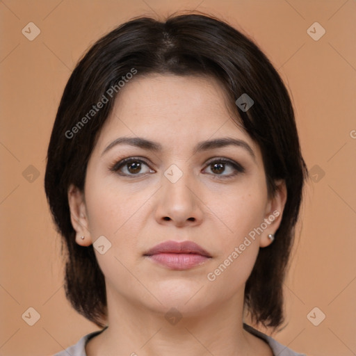 Neutral white young-adult female with medium  brown hair and brown eyes