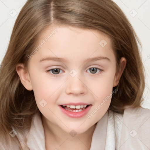 Joyful white child female with medium  brown hair and brown eyes