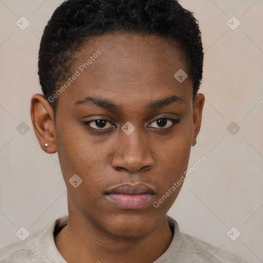 Neutral black young-adult female with short  black hair and brown eyes