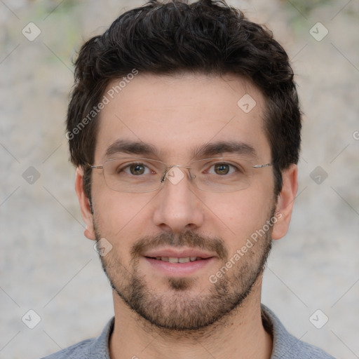 Joyful white young-adult male with short  black hair and brown eyes