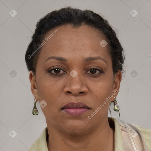 Joyful black adult female with short  brown hair and brown eyes