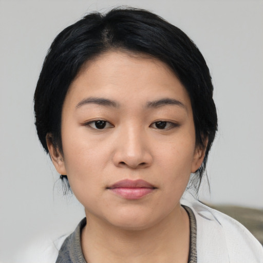 Neutral asian young-adult female with medium  black hair and brown eyes