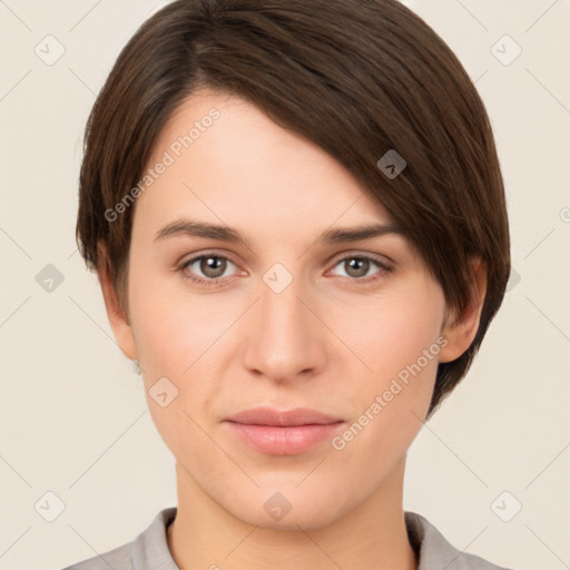 Neutral white young-adult female with short  brown hair and brown eyes