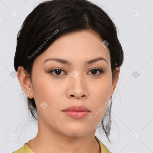 Neutral asian young-adult female with medium  brown hair and brown eyes