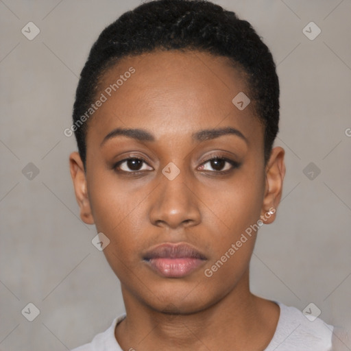 Neutral black young-adult female with short  black hair and brown eyes