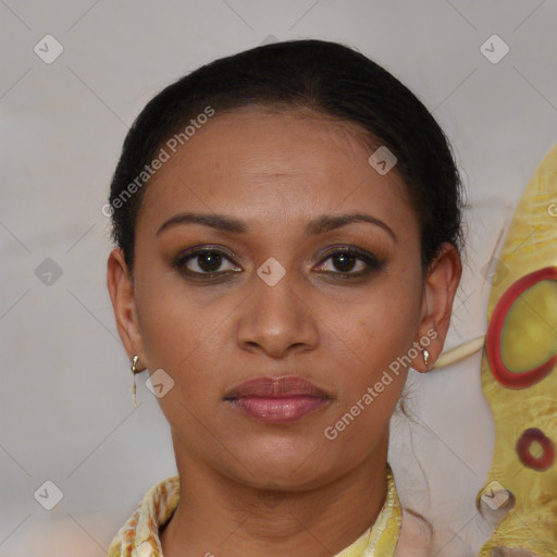 Joyful latino young-adult female with short  brown hair and brown eyes