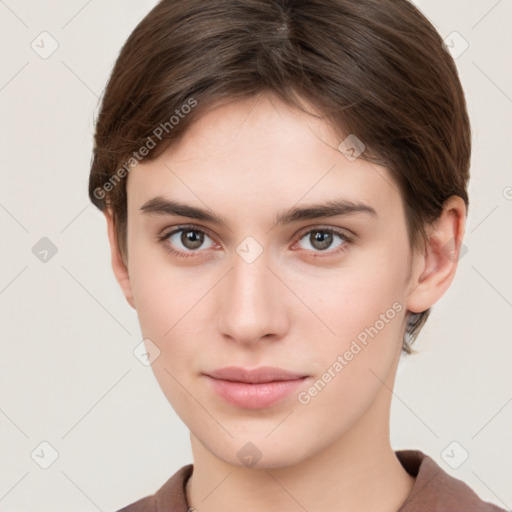 Neutral white young-adult female with short  brown hair and brown eyes