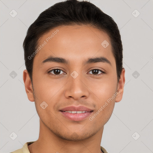 Joyful latino young-adult male with short  brown hair and brown eyes