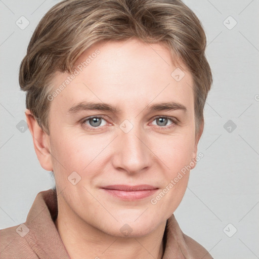 Joyful white young-adult female with short  brown hair and grey eyes