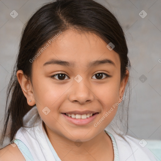 Joyful white child female with medium  brown hair and brown eyes