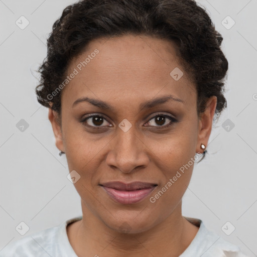 Joyful latino young-adult female with short  brown hair and brown eyes