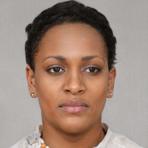 Neutral black young-adult female with short  brown hair and brown eyes