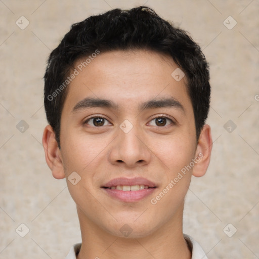 Joyful white young-adult male with short  black hair and brown eyes