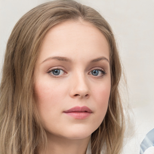 Neutral white young-adult female with long  brown hair and grey eyes