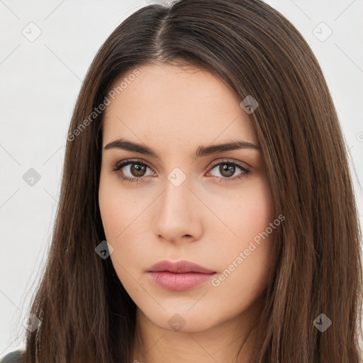 Neutral white young-adult female with long  brown hair and brown eyes