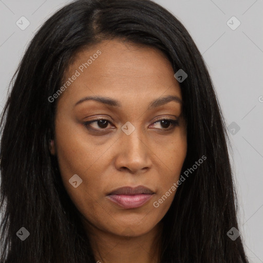 Joyful asian young-adult female with long  brown hair and brown eyes