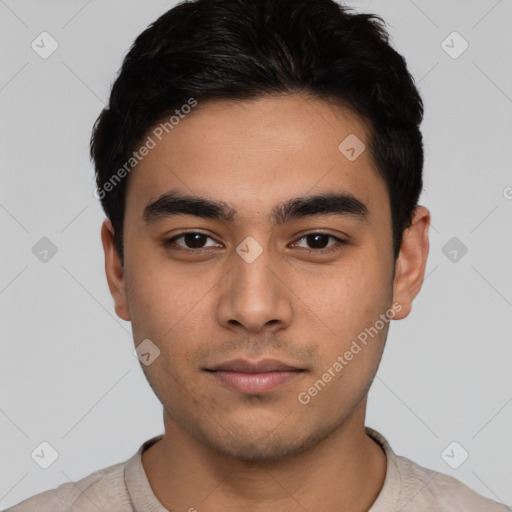 Neutral latino young-adult male with short  black hair and brown eyes