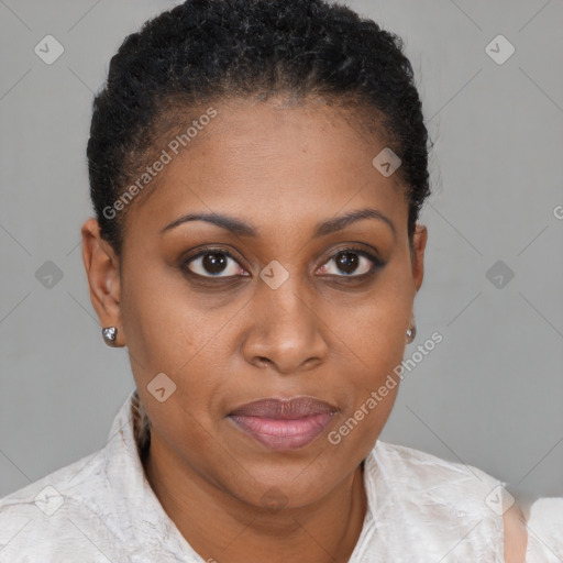 Joyful black young-adult female with short  brown hair and brown eyes