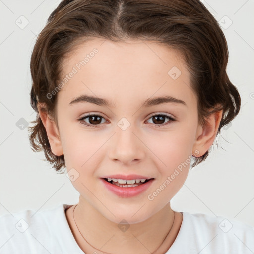 Joyful white child female with short  brown hair and brown eyes