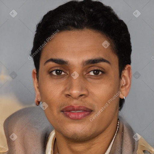 Joyful latino young-adult female with short  brown hair and brown eyes