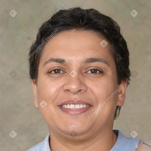 Joyful white adult female with short  brown hair and brown eyes