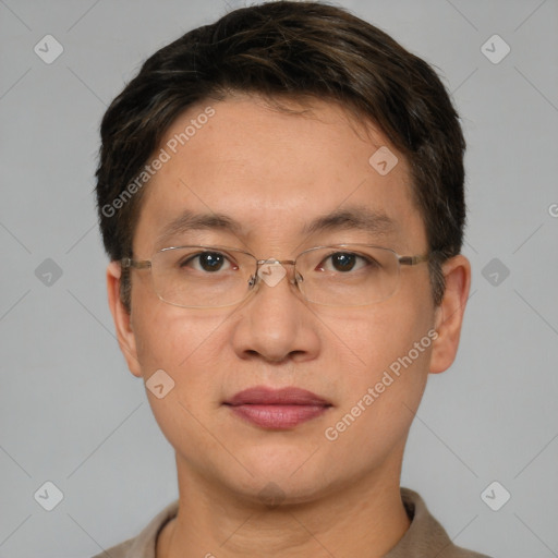 Joyful asian adult male with short  brown hair and brown eyes