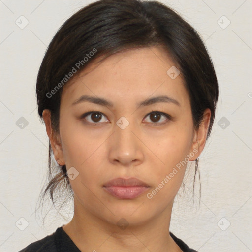 Neutral asian young-adult female with medium  brown hair and brown eyes