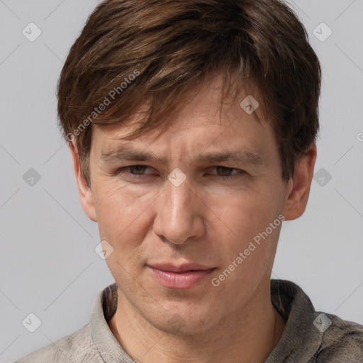 Neutral white adult male with short  brown hair and grey eyes