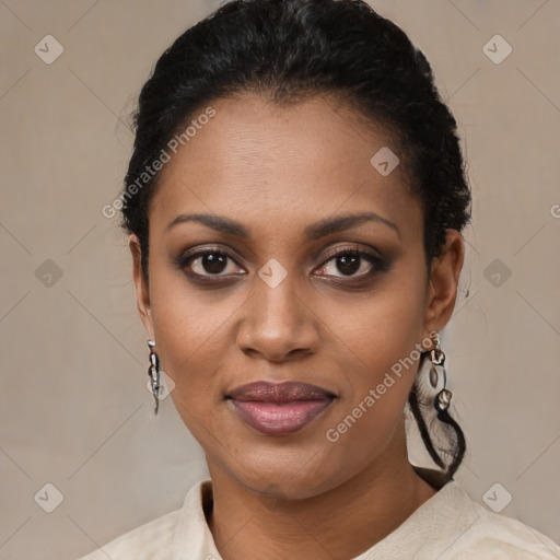 Joyful latino young-adult female with short  black hair and brown eyes