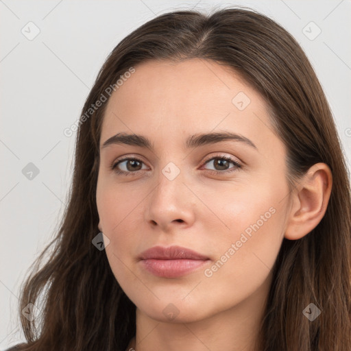 Neutral white young-adult female with long  brown hair and brown eyes