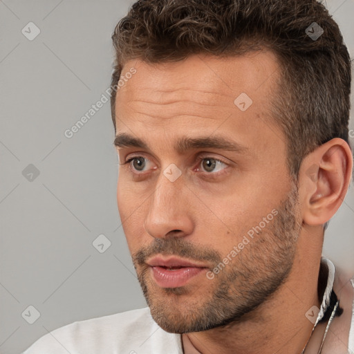 Neutral white young-adult male with short  brown hair and brown eyes