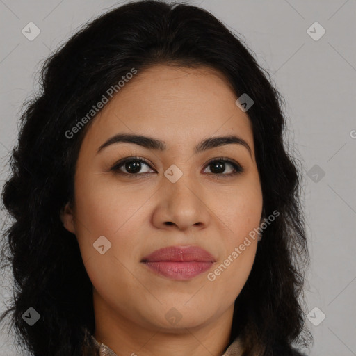 Joyful latino young-adult female with long  brown hair and brown eyes