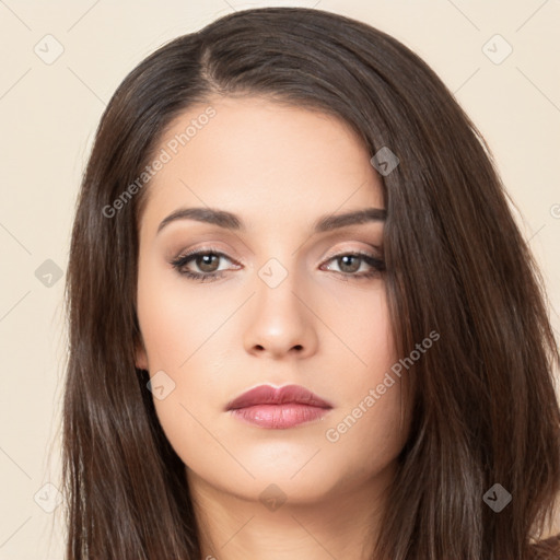 Neutral white young-adult female with long  brown hair and brown eyes