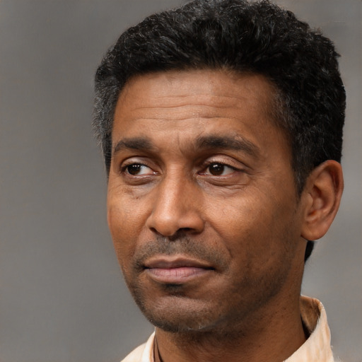 Neutral black adult male with short  black hair and brown eyes