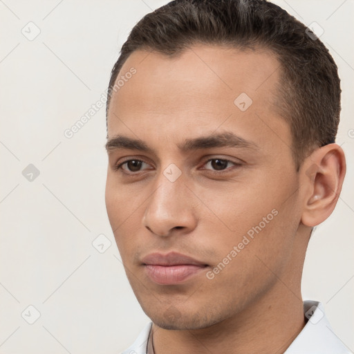 Neutral white young-adult male with short  brown hair and brown eyes